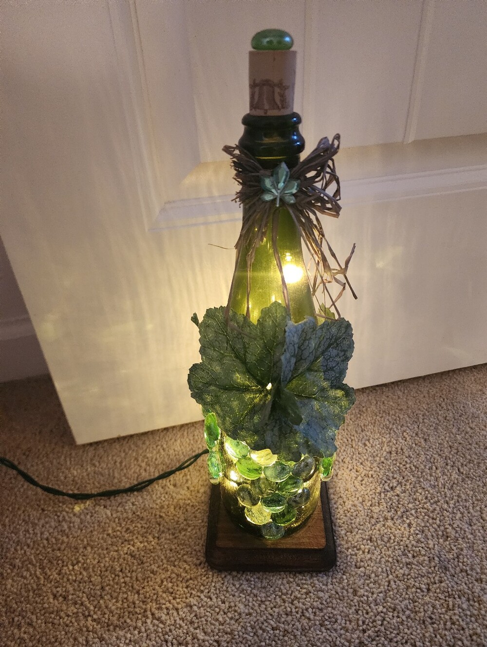 Electric Lighted Green Decorative Wine Bottle Lamp with Leaf and Glass Gems